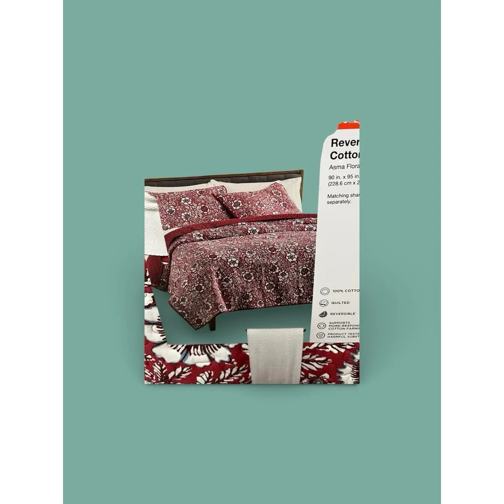 Sonoma Full Queen Reversible Cotton Quilt Asma Floral Quilted‎ 90 x 95 Red Black